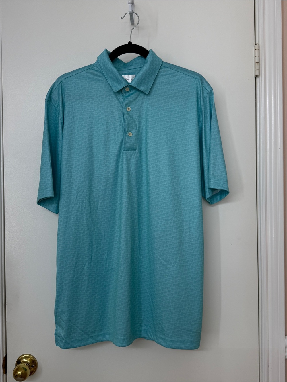 Greg Norman ML75 Play Dry Golf Polo Shirt Turquoise Allover Shark Print Size L